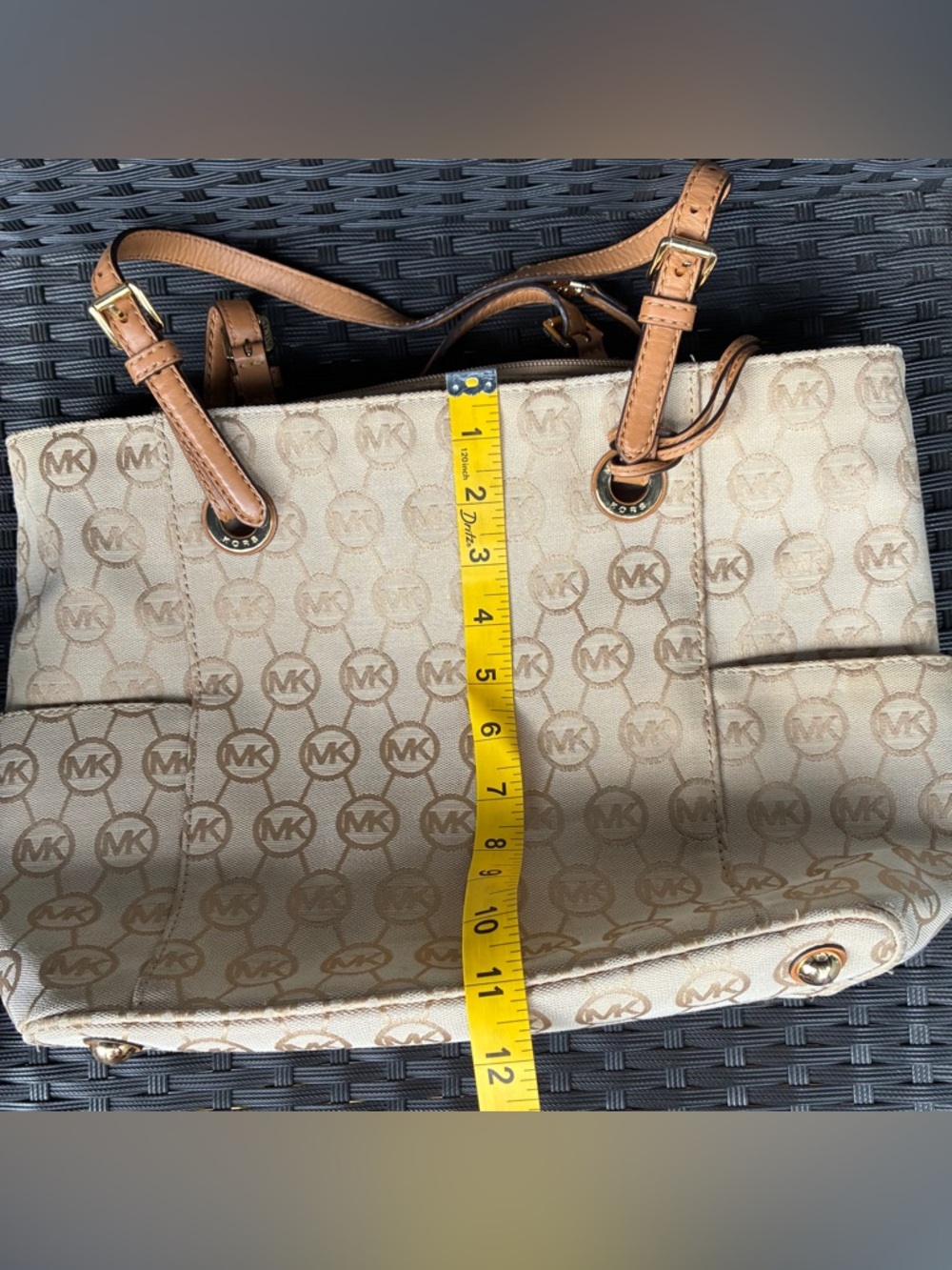 Michael Kors Tan Beige MK Logo Canvas Tote with Leather Straps - Picture 4 of 16